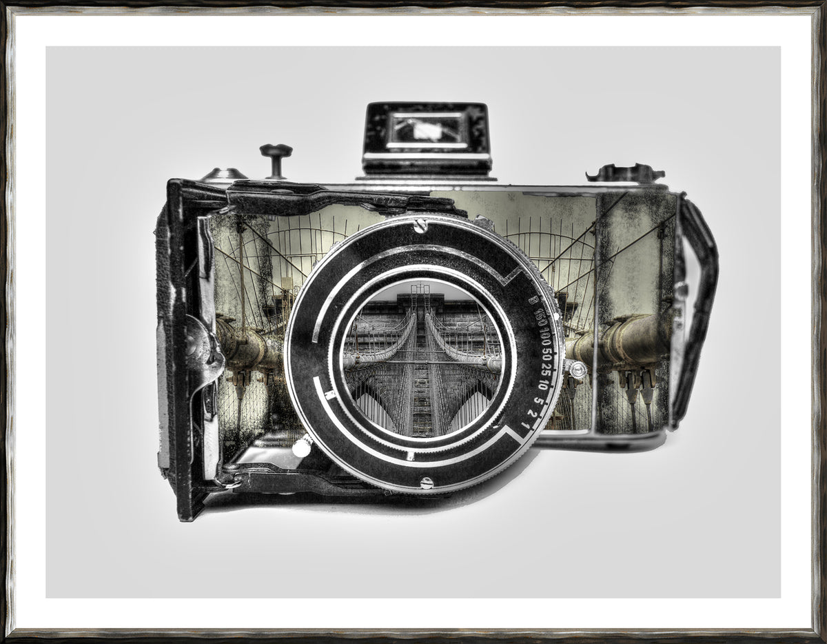 Vintage Camera III wall art featuring a detailed black and white camera with an urban scene inside.