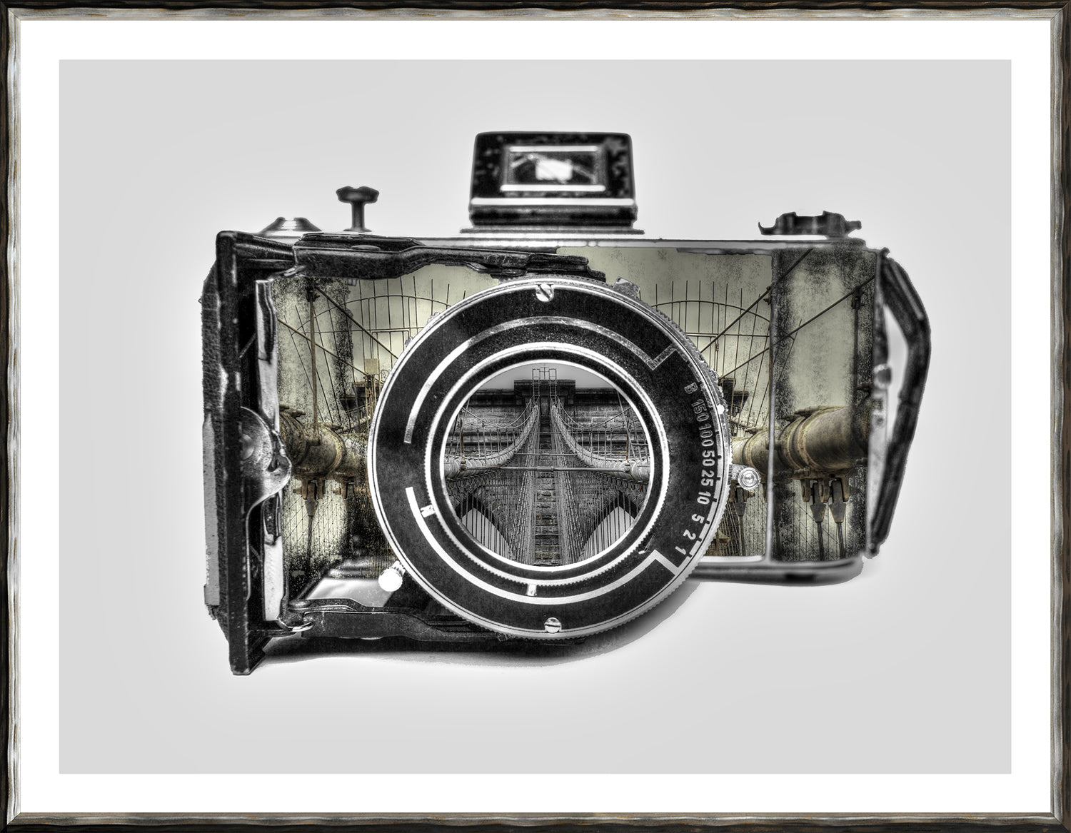 Vintage Camera III wall art featuring a detailed black and white camera with an urban scene inside.