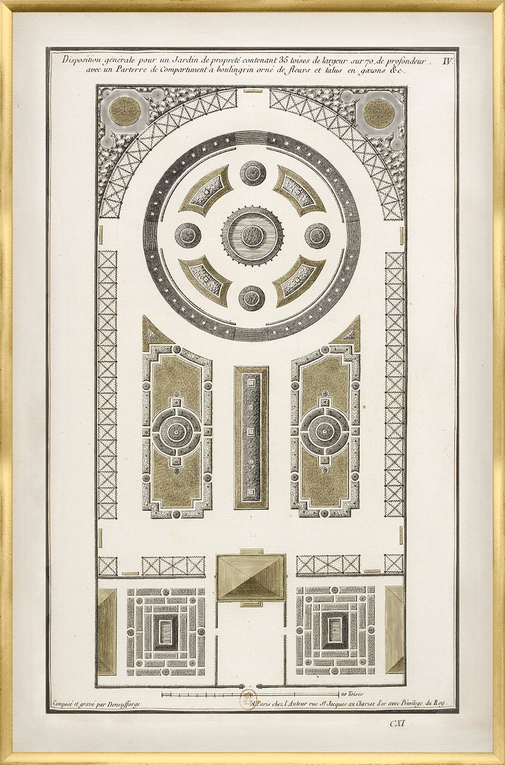 Jardin Plan – 1757, IV wall art featuring intricate garden layout in black and gold tones.