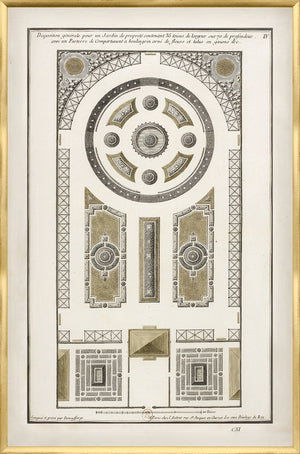 Jardin Plan – 1757, IV wall art featuring intricate garden layout in black and gold tones.