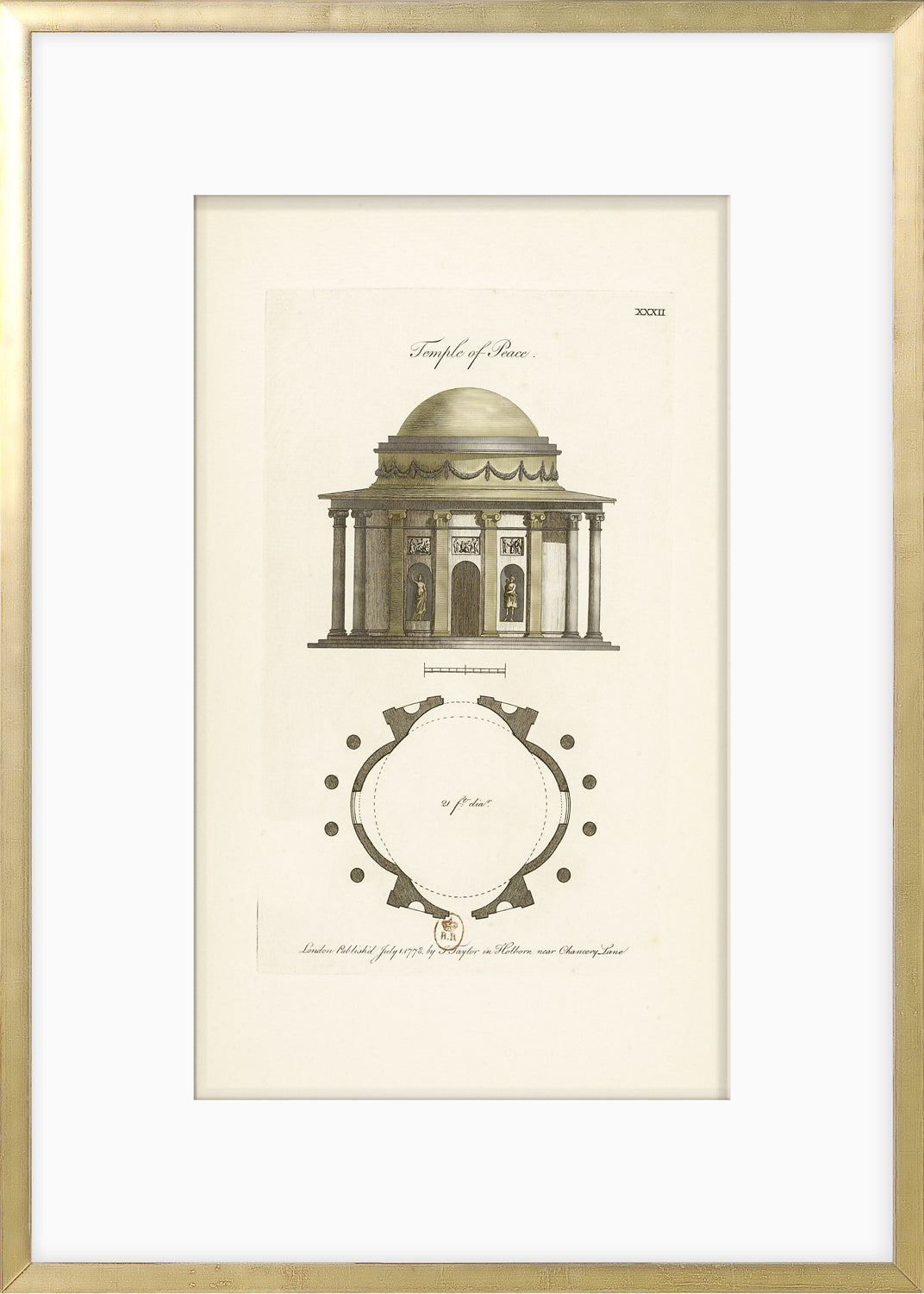 Engraving of Temple of Peace, 1778 by Celadon, featuring a dome and classical columns