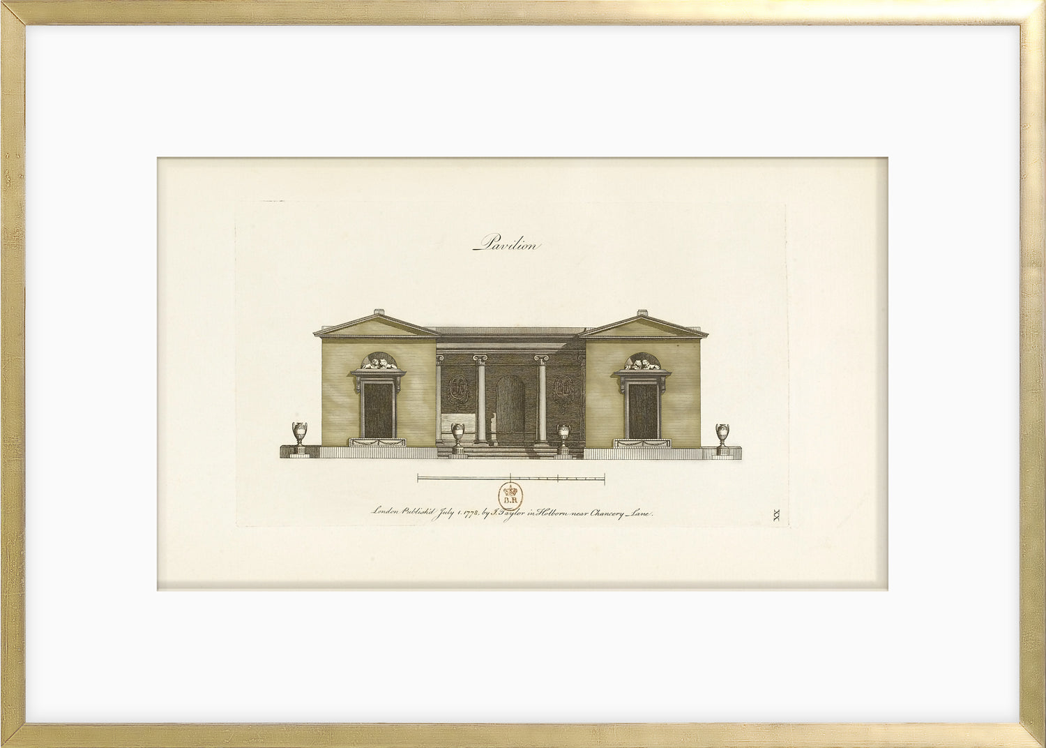 Engraving Pavilion II, 1778 by Celadon, featuring a detailed architectural illustration.
