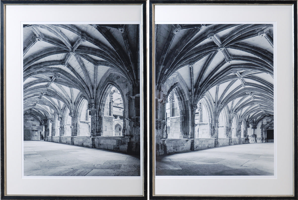 Cloister Dyptych wall art featuring black and white arches and windows in a gothic style