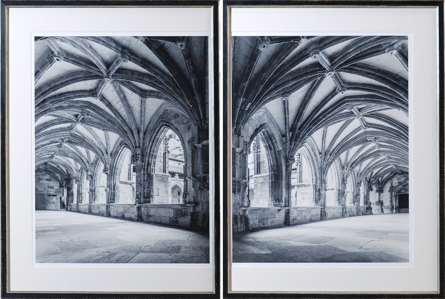 Cloister Dyptych wall art featuring black and white arches and windows in a gothic style