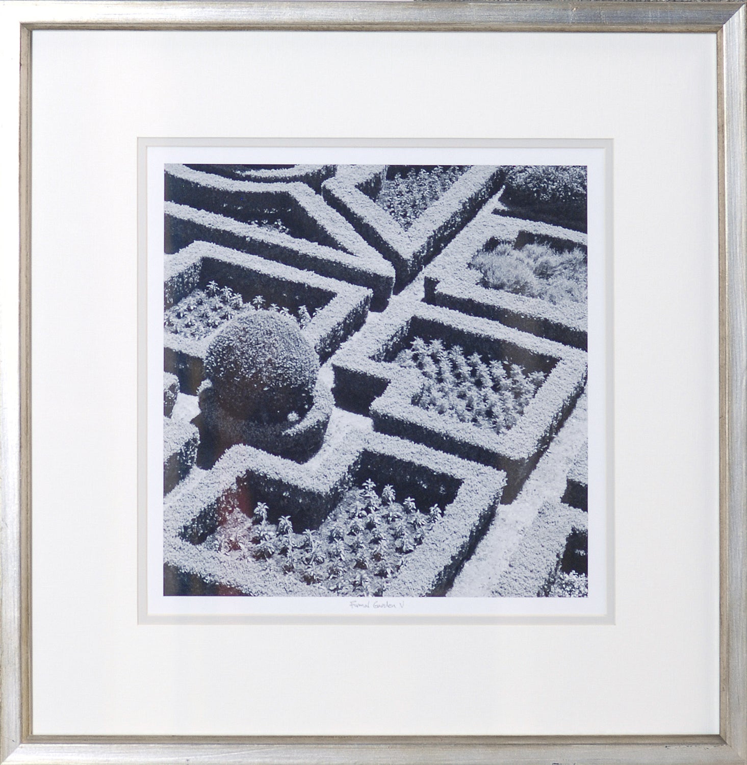 Formal Garden V wall art featuring a black and white aerial view of geometric garden patterns