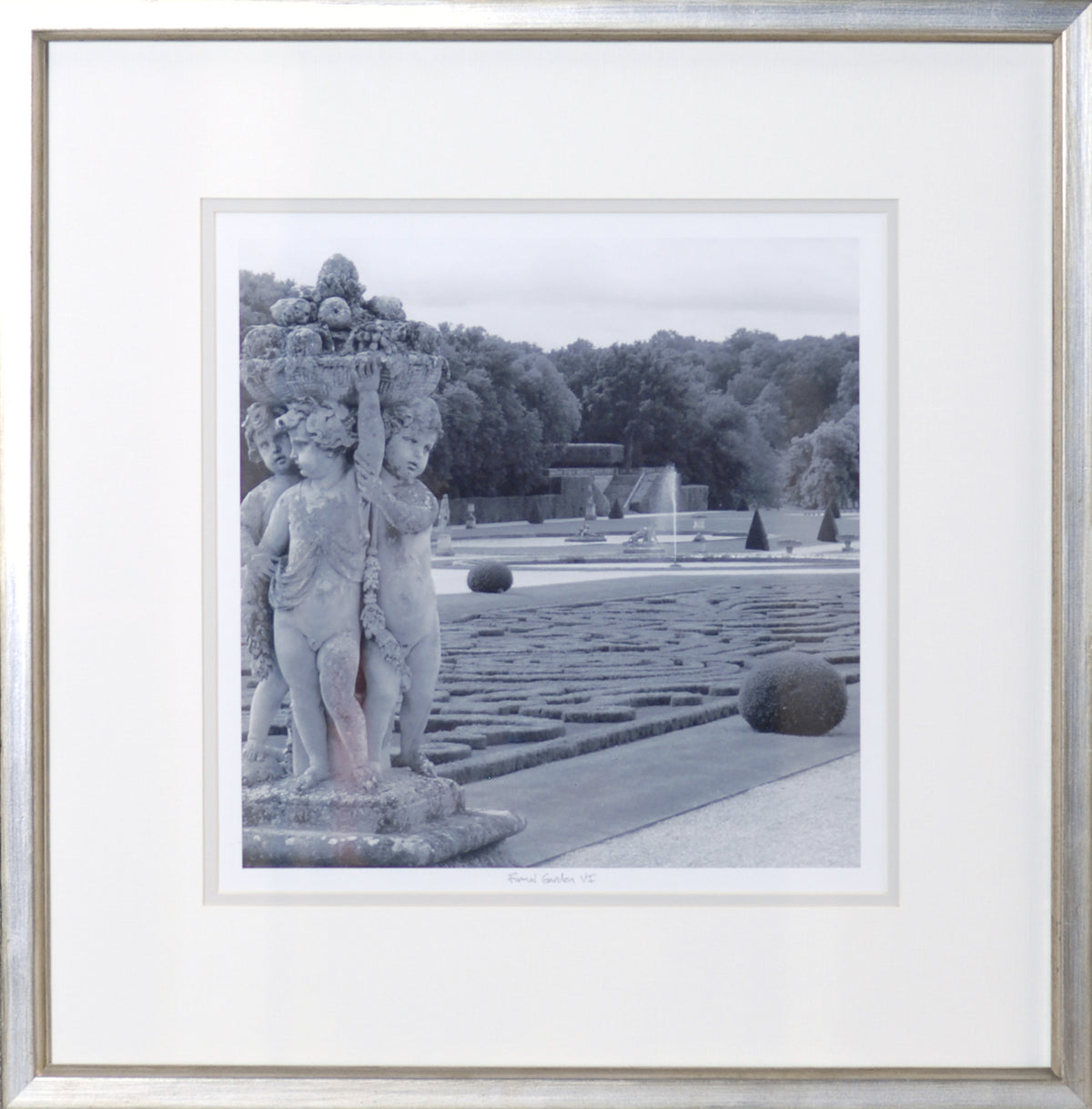 Formal Garden VI wall art featuring a black and white image of cherubs and a garden landscape.
