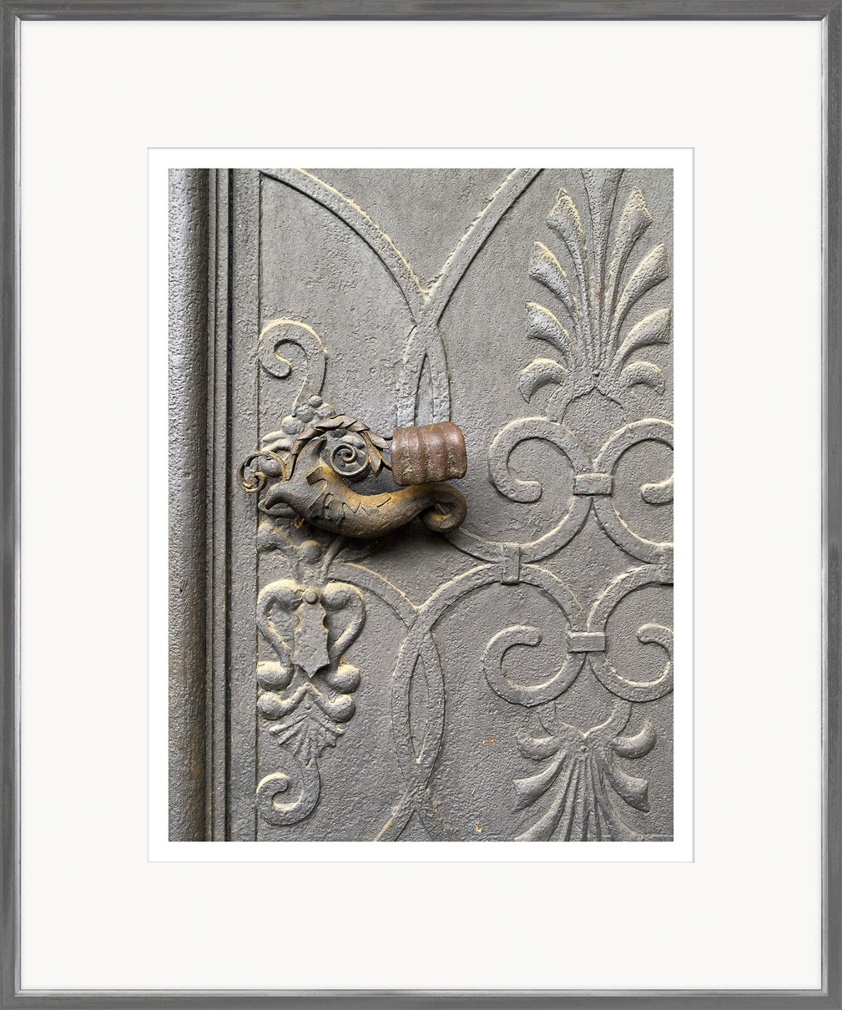 European Door Detail II wall art featuring an ornate door handle and intricate carvings in gray tones.