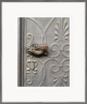 European Door Detail II wall art featuring an ornate door handle and intricate carvings in gray tones.