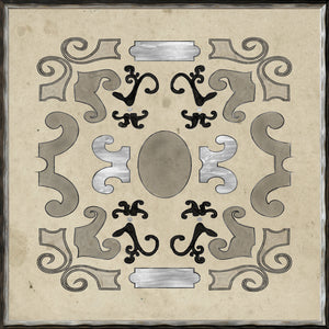 Parterre Design I wall art featuring intricate black and silver patterns on a beige background.