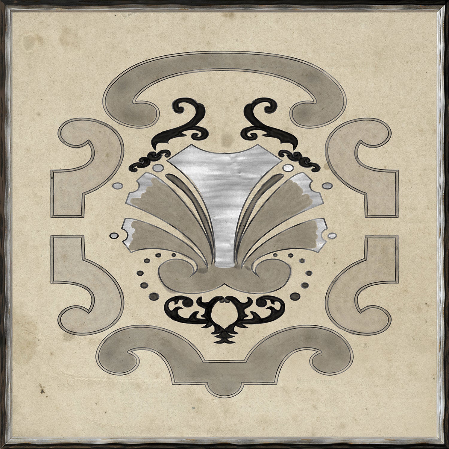 Parterre Design II wall art featuring intricate black and silver patterns on a beige background.
