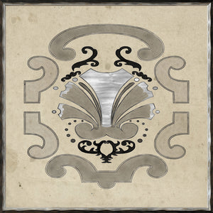 Parterre Design II wall art featuring intricate black and silver patterns on a beige background.