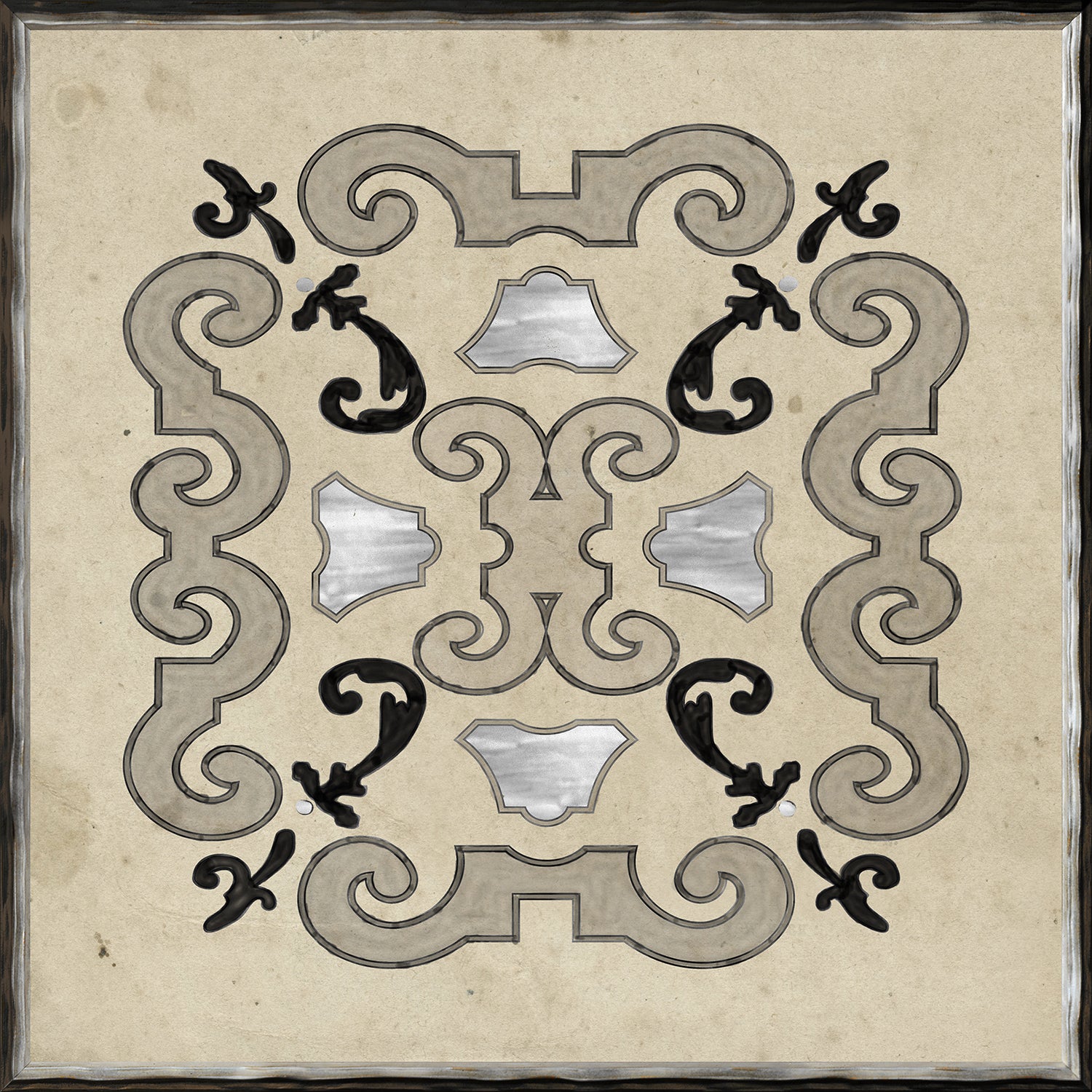 Parterre Design VI wall art featuring intricate black and silver patterns on a beige background.