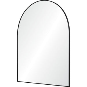 Lamia mirror by Renwil with an arched top and black frame, reflecting light.