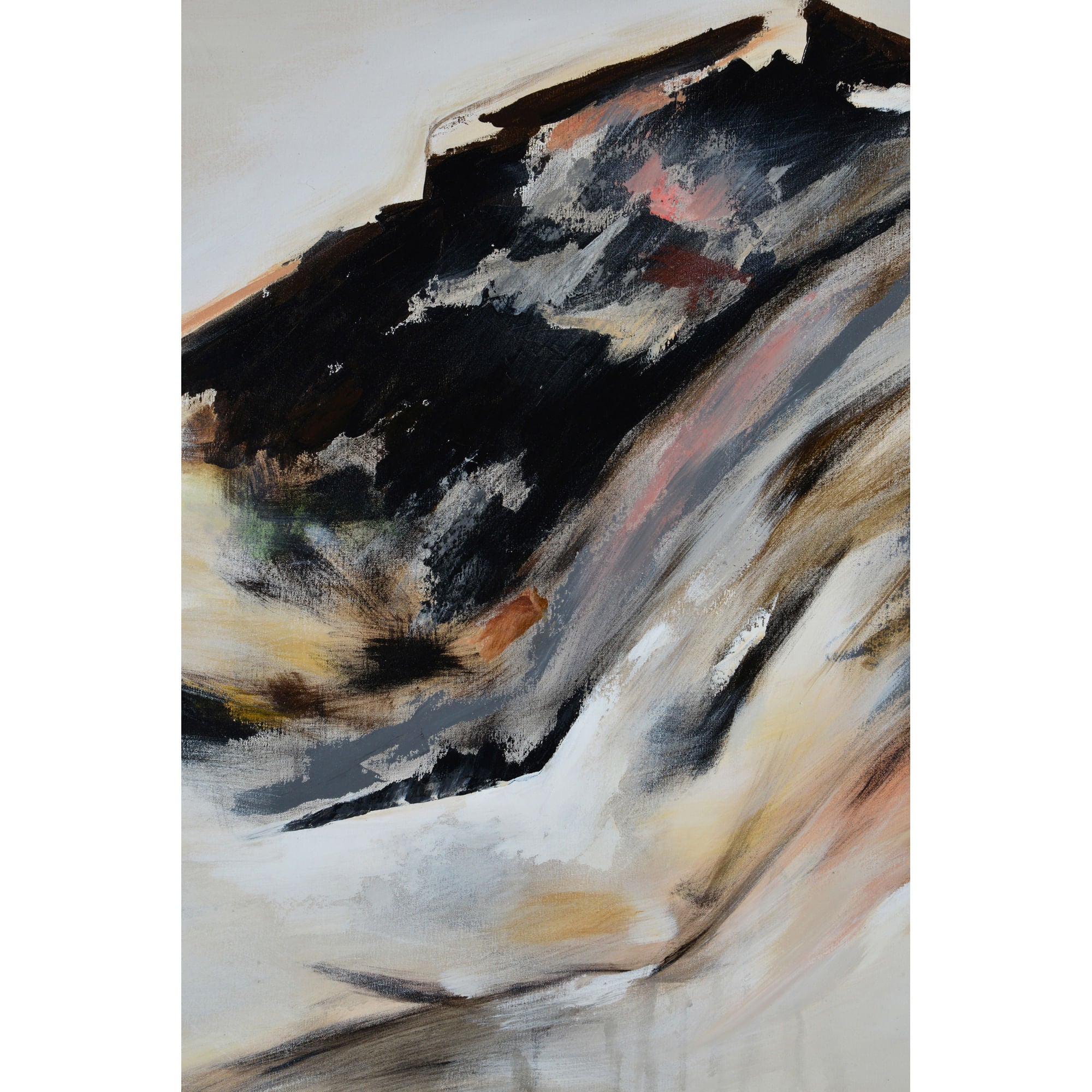 Infusion canvas art close-up showing abstract mountain in black, beige, and gray hues.