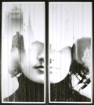 Urban Dreams diptych wall art featuring two abstract portraits with cityscape reflections in black and white.