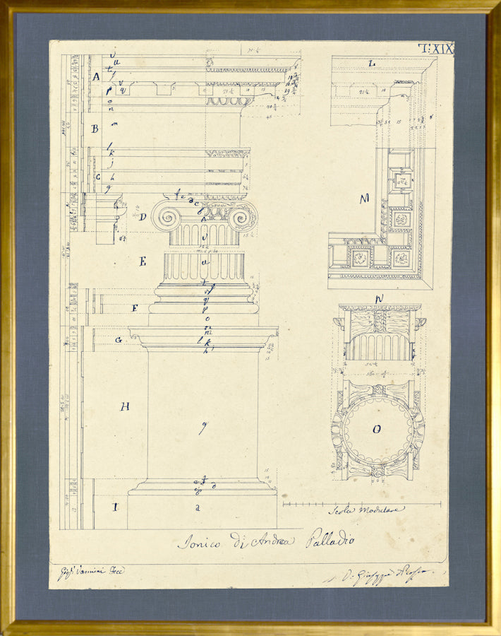 Architecture Plate – Column featuring architectural drawings in blue ink on cream paper, framed in gold.