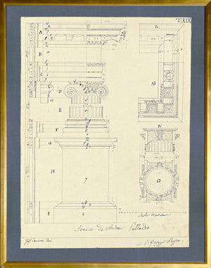 Architecture Plate – Column featuring architectural drawings in blue ink on cream paper, framed in gold.