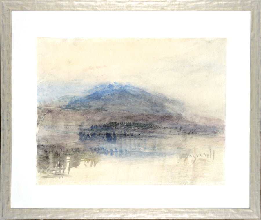 Turner – Plein Air IX wall art featuring a soft watercolor landscape with mountains and water in muted tones.