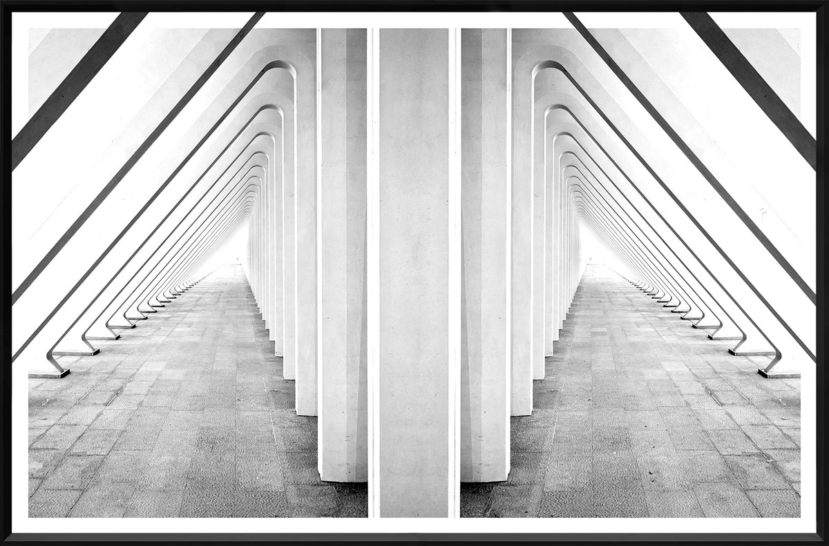 Modern Geometrics II wall art featuring a black and white geometric design with angled columns.