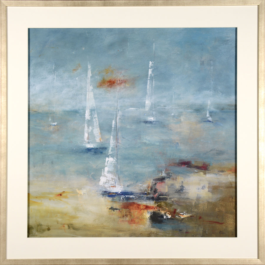 Sail Time wall art featuring abstract sailing boats in blue and gold hues, framed in a light color.
