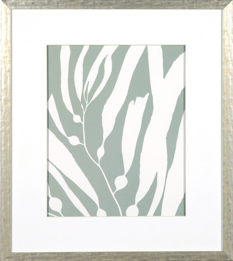 Seagrass I wall art featuring green and white leaf patterns in a silver frame.