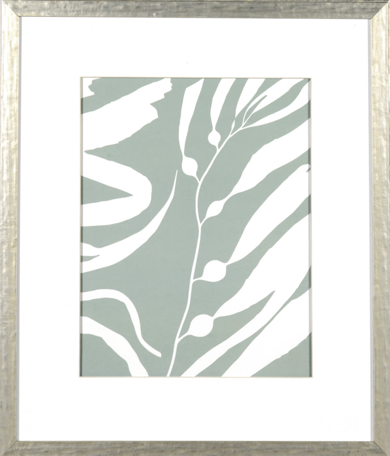 Seagrass II wall art featuring a light green background with white leaf patterns, framed in silver.