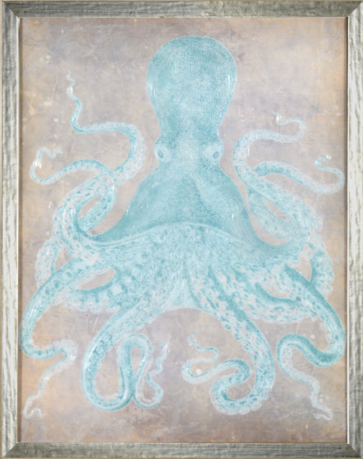 Spa Octopus I wall art featuring a light blue octopus on a textured background, framed in silver.