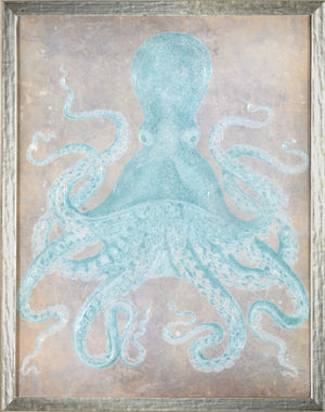 Spa Octopus I wall art featuring a light blue octopus on a textured background, framed in silver.
