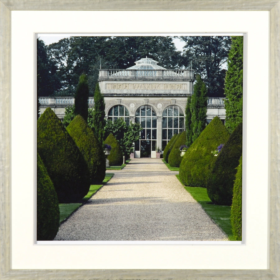 Jardin Vert Formel V wall art featuring a garden path leading to a glass greenhouse.