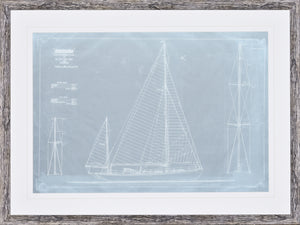 Amokura Sail & Rigging Plan wall art featuring a blueprint design in blue with white lines.