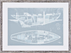 Amokura wall art featuring a blueprint of a boat in blue and white, framed in a rustic wood frame.