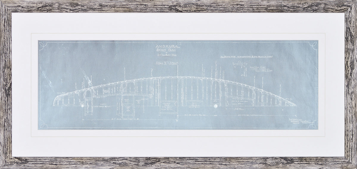 Amokura Beam Plan wall art featuring a blueprint design in blue and white, framed in a rustic style.