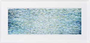 Spring Rain wall art featuring abstract blue and green water patterns in a white frame.