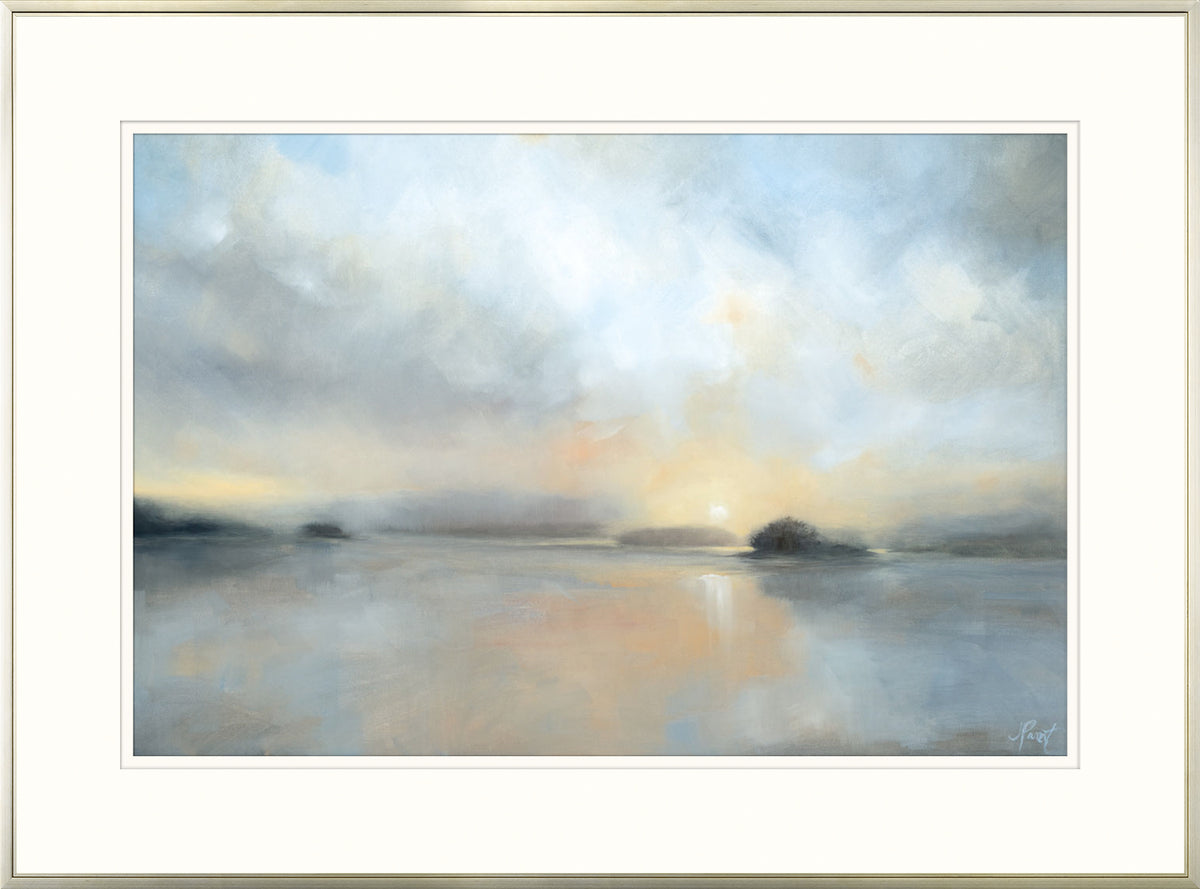 December Mists wall art featuring a serene landscape with soft blue and orange hues.