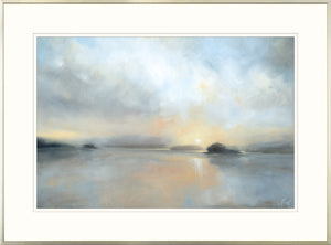December Mists wall art featuring a serene landscape with soft blue and orange hues.