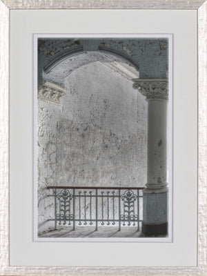 Timeworn Details I wall art featuring a textured, weathered wall with a decorative railing and archway.