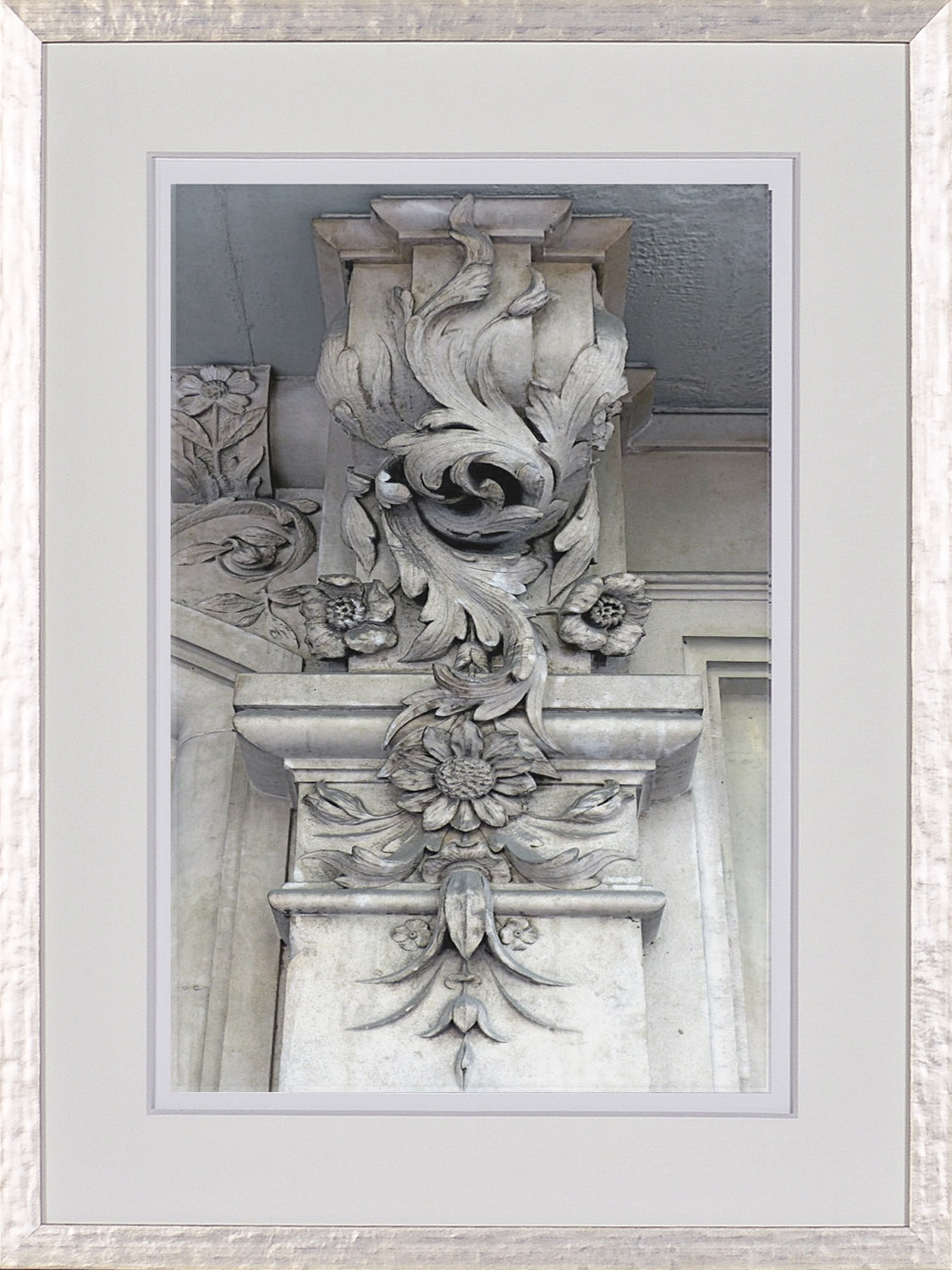 Timeworn Details IV wall art featuring intricate stone carvings in gray tones.