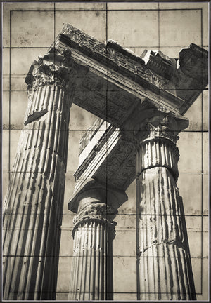 Roman Ruins I wall art featuring ancient columns in a sepia tone, showcasing intricate details and textures.