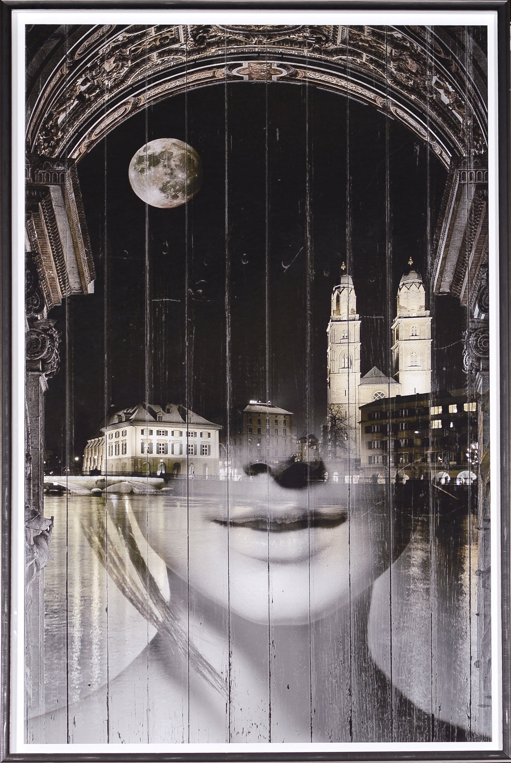 Zurich At Night wall art featuring a woman's face, moon, and Zurich skyline in black and white.