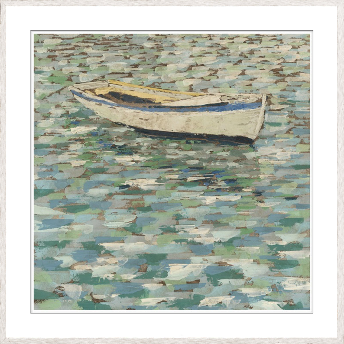 Meagher – On The Pond I wall art featuring a boat on shimmering water in soft blues and greens.