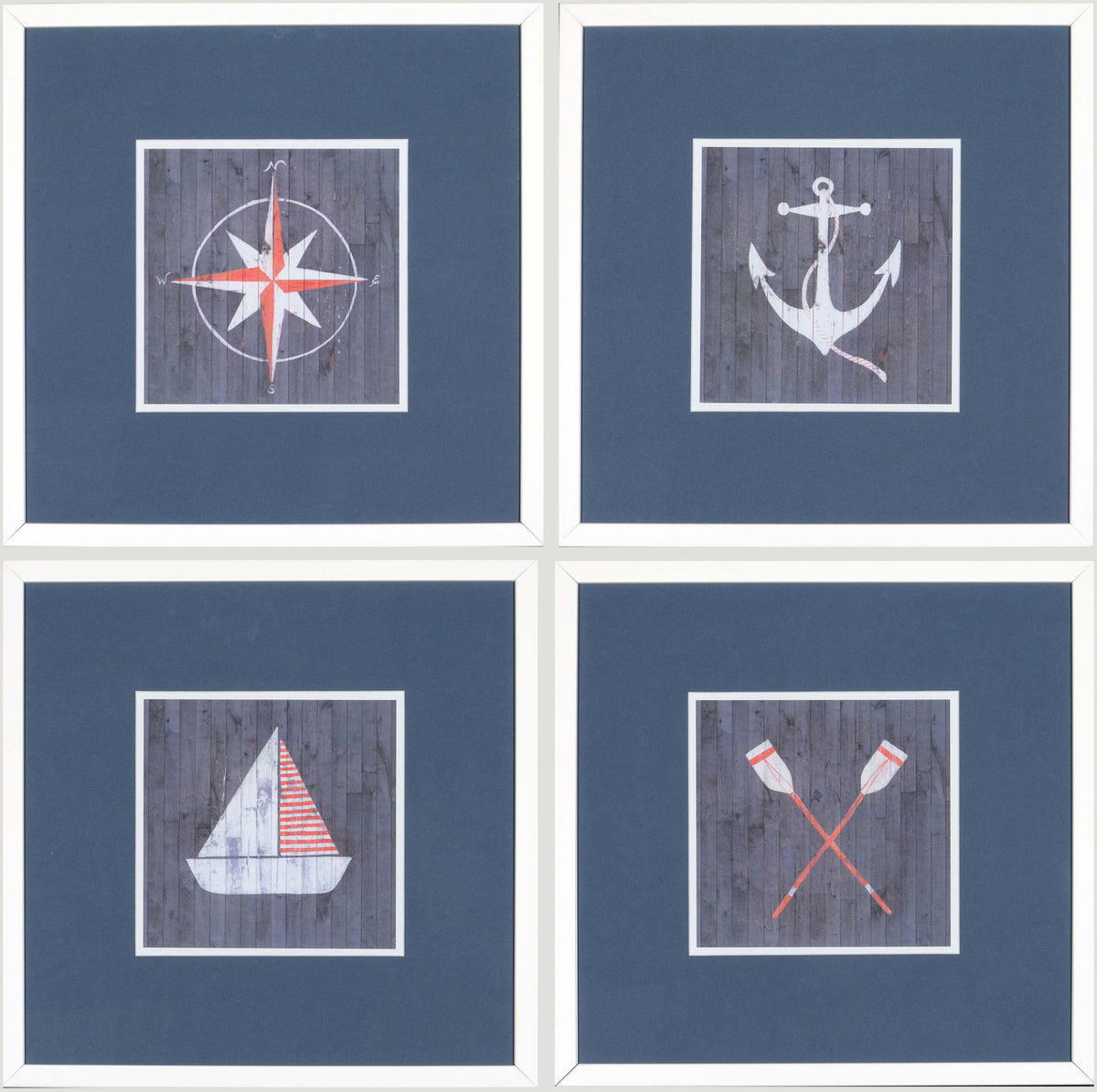 Nautical Series S/4 wall art featuring compass, anchor, sailboat, and oars on a blue background.