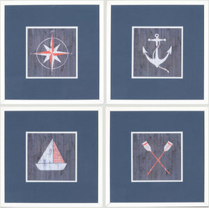 Nautical Series S/4 wall art featuring compass, anchor, sailboat, and oars on a blue background.