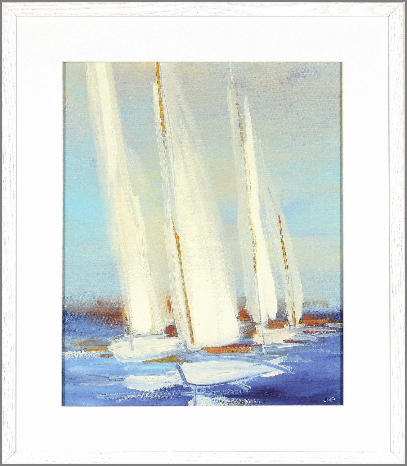 Summer Regatta II wall art featuring three white sailboats on blue water, framed in white.