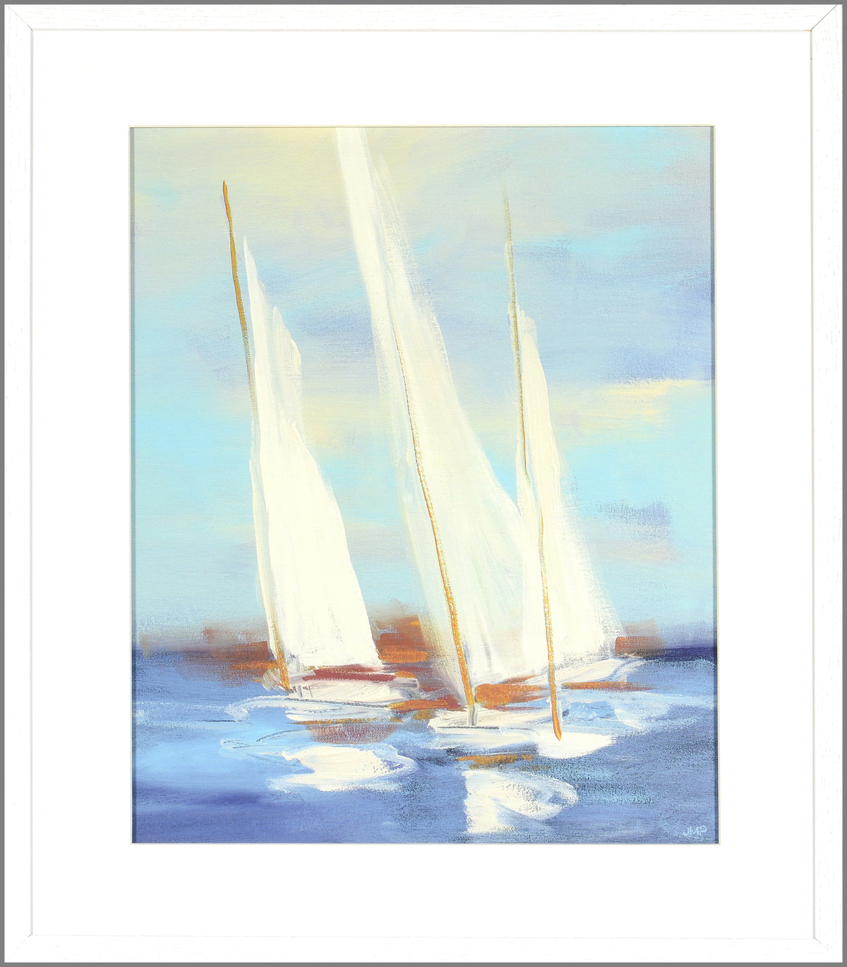 Summer Regatta III wall art featuring three sailboats with white sails on a blue water background.