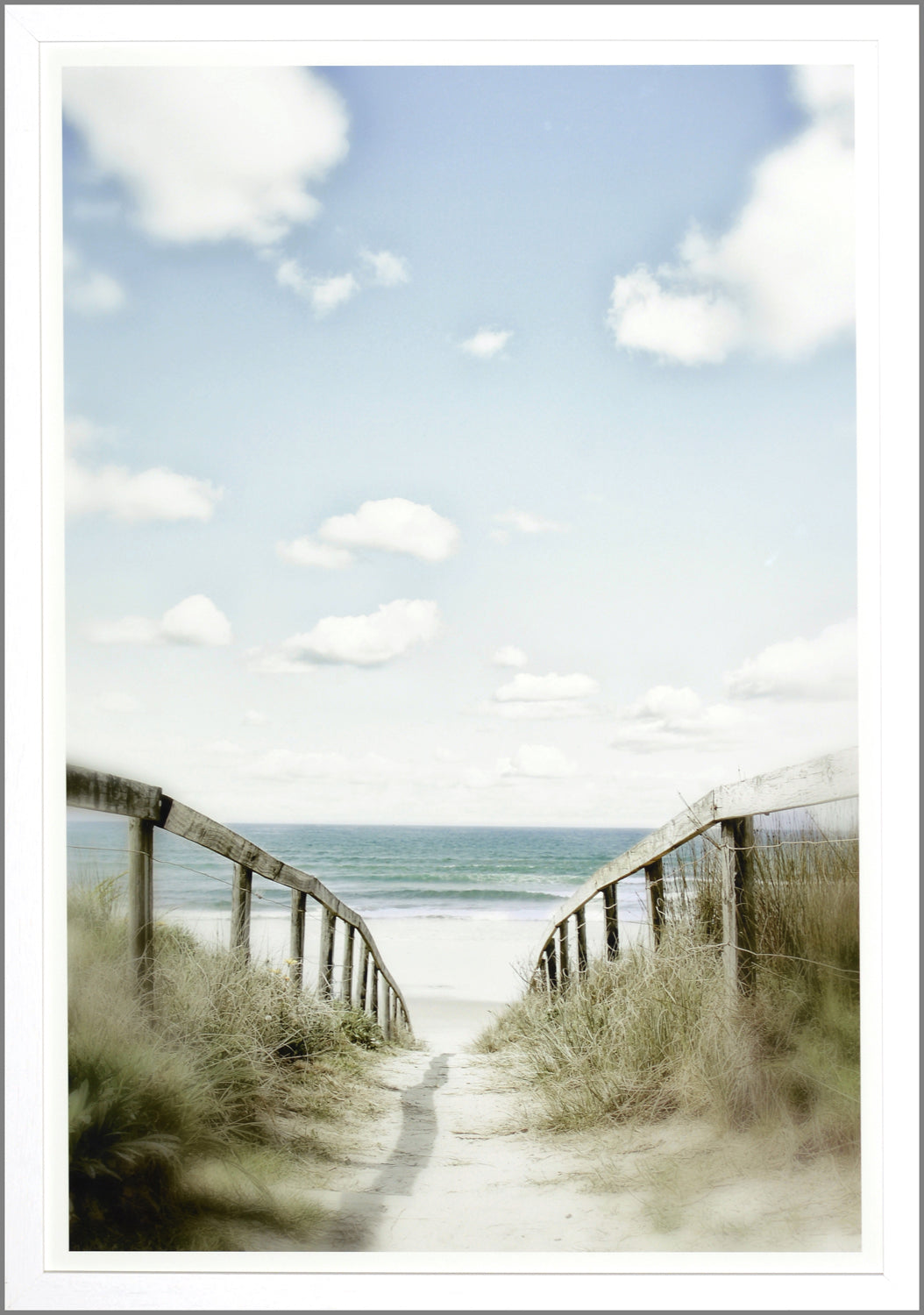 Dune Vista I wall art featuring a serene beach pathway with wooden railings and blue sky.
