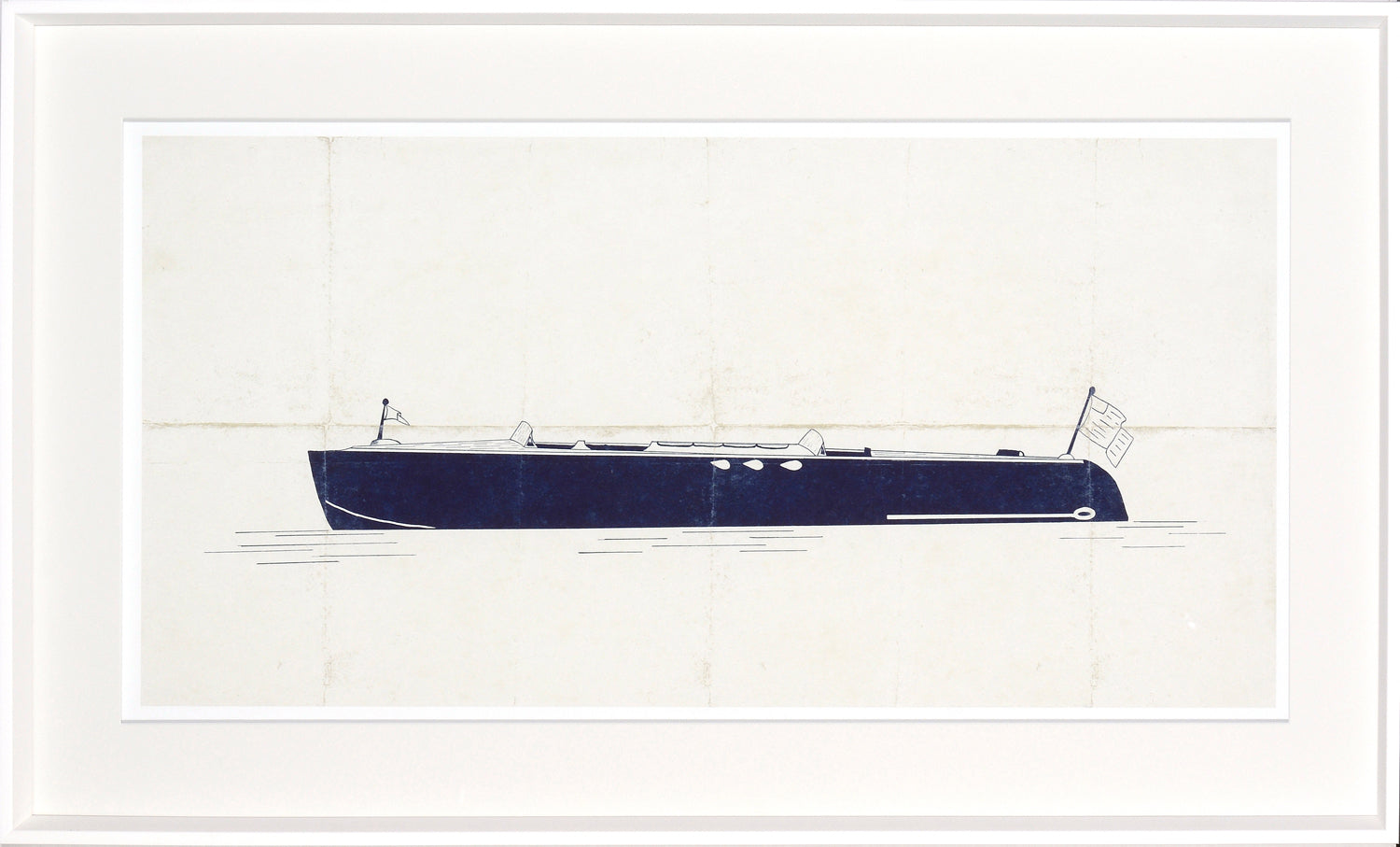 Runabout – Parchment wall art featuring a navy boat illustration on a textured light background.