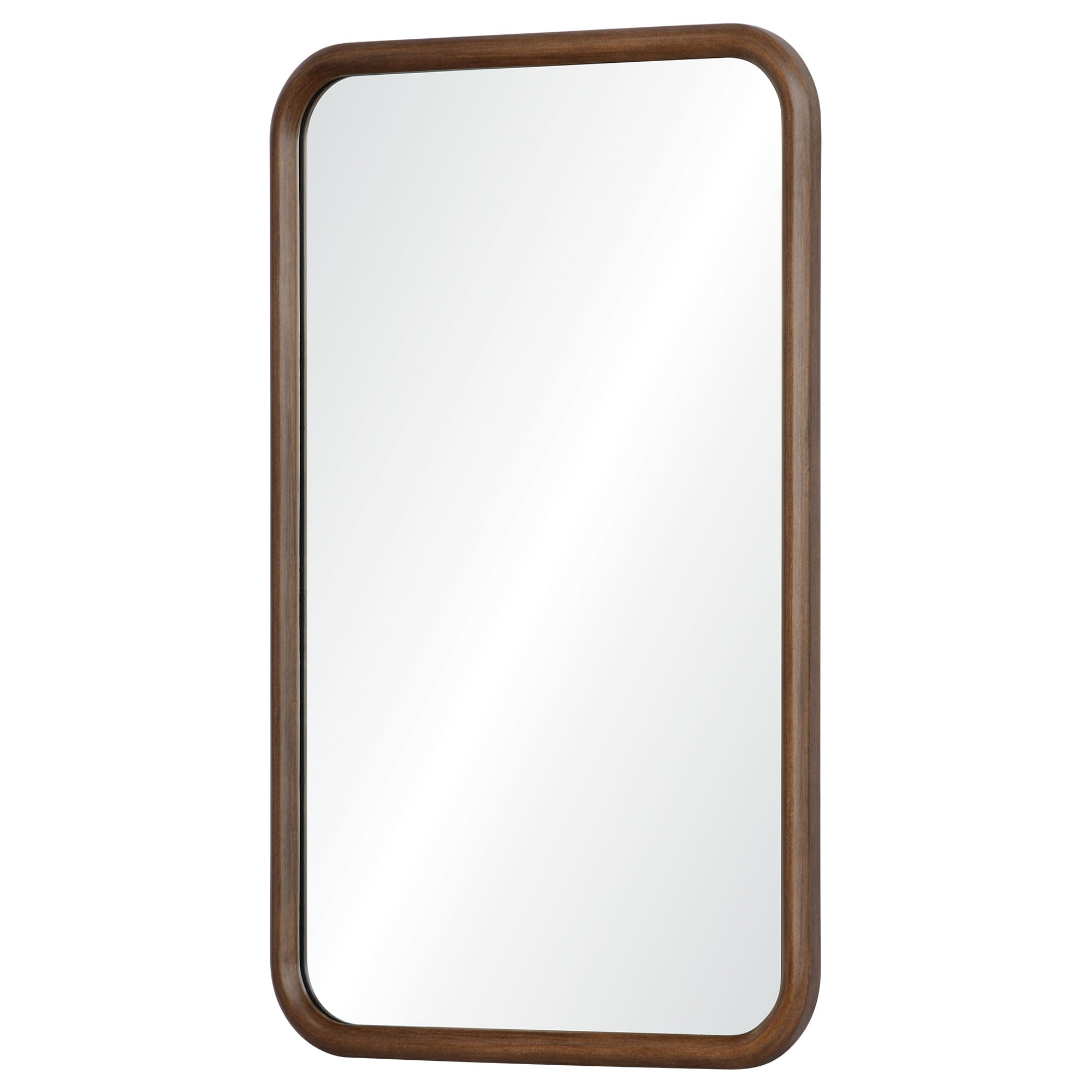Dickens mirror by Renwil with a rectangular shape and rounded wooden frame in walnut finish.