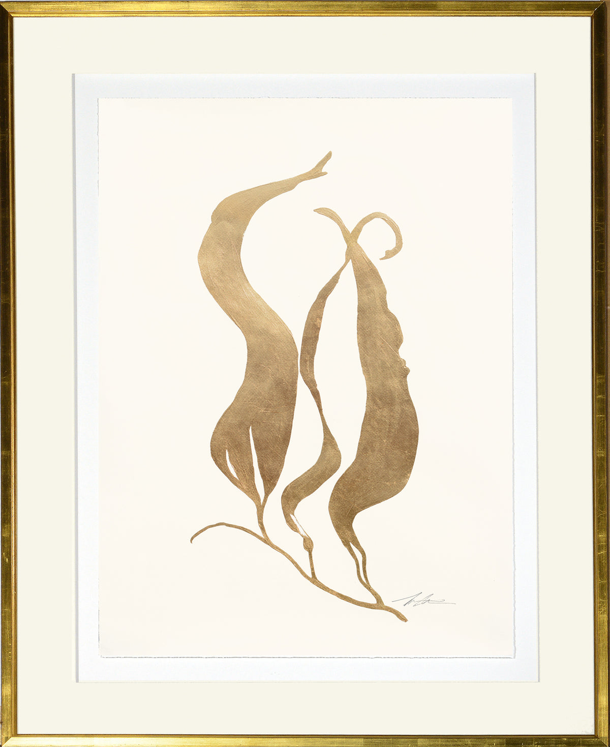 Gilded Sea Weed I wall art featuring gold seaweed design on cream background, framed in gold.