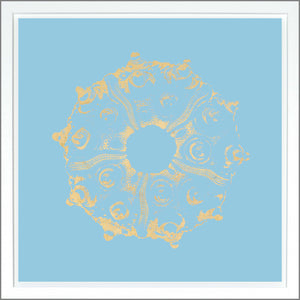 Sea Urchin wall art featuring a gold design on a light blue background