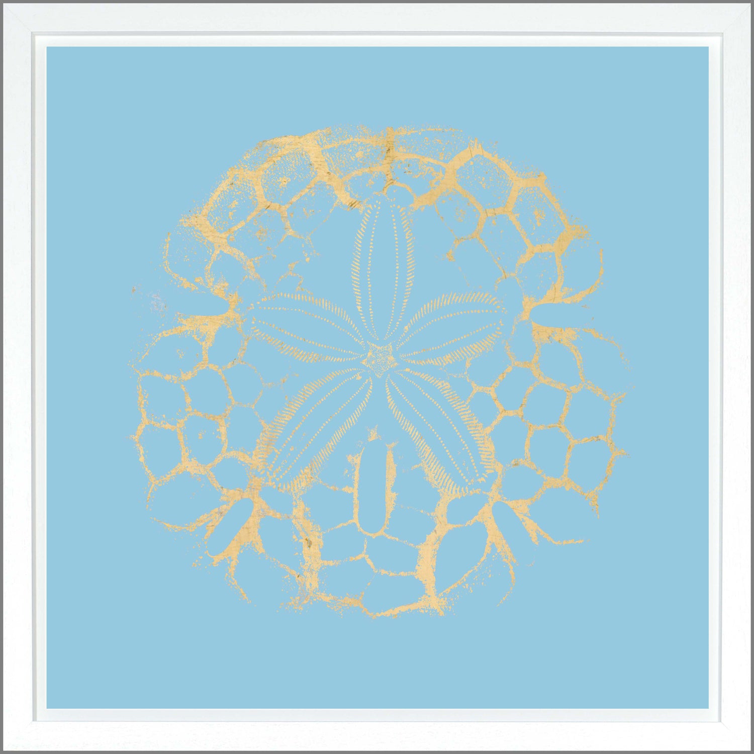 Sand Dollar wall art featuring a gold sand dollar design on a light blue background.